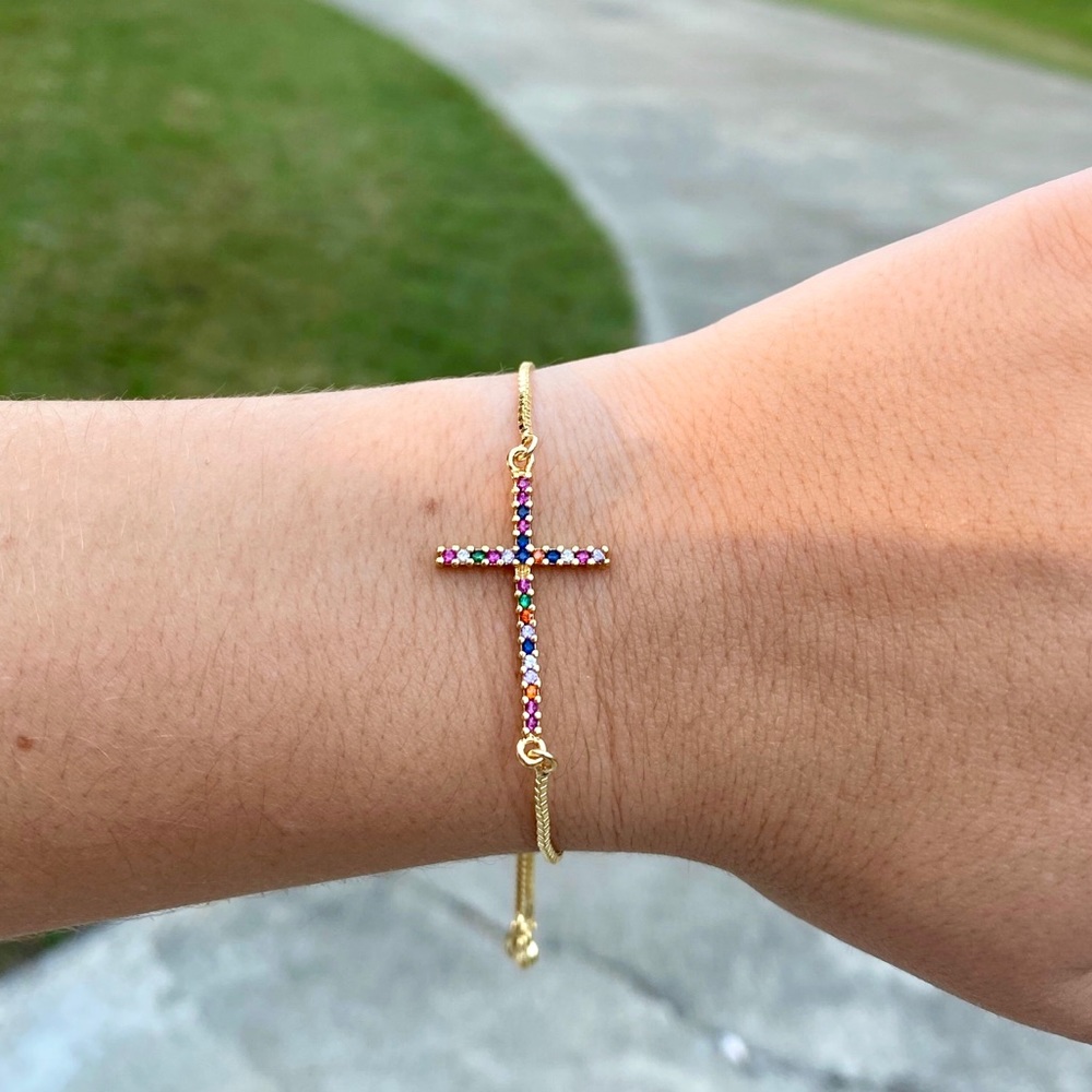 Gold Multicolor Cross Adjustable Tennis Bracelet - Picture 1 of 3